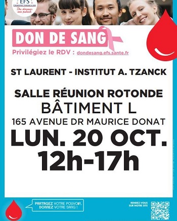 DON DU SANG A l'INSTITUT A. TZANCK - LUNDI 20 OCTOBRE de 12h à 17h