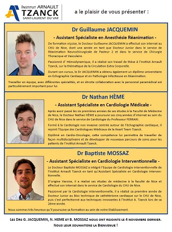 Nous souhaitons la BIENVENUE aux Drs G. JACQUEMIN, N. HEME et Dr B. MOSSAZ - Assistants Spécialistes